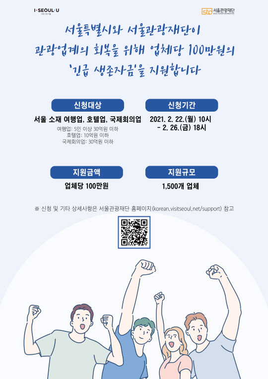 서울시와 서울관광재단이 코로나19 확산 피해를 본 관광업계 소기업 총 1500곳에 100만원 씩 긴급 생존자금을 현금 지급한다고 14일 밝혔다.[서울시 제공 포스터]